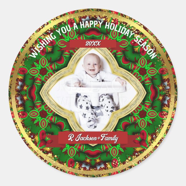 Festive Red Green Gold Family Photo Holiday Classic Round Sticker (Front)