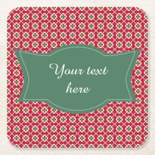 Festive Red Green Pattern Christmas Square Paper Coaster