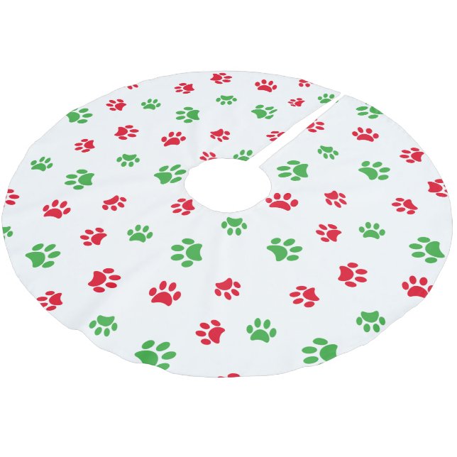 Festive Red Green Paw Prints Christmas Brushed Polyester Tree Skirt (Angled)
