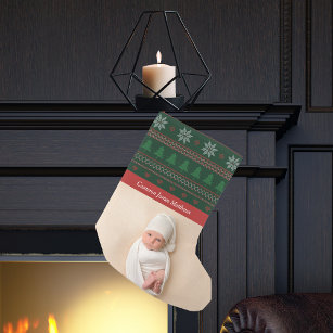 Festive Red Green Photo Baby's First Small Christmas Stocking