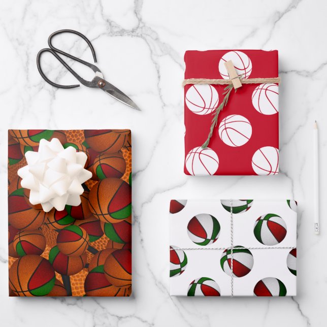 festive red green sports basketball gifts wrapping paper sheet (Front)