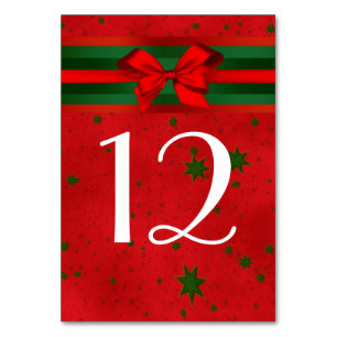 Festive Red Green Stars Bow Ribbon Christmas Table Number