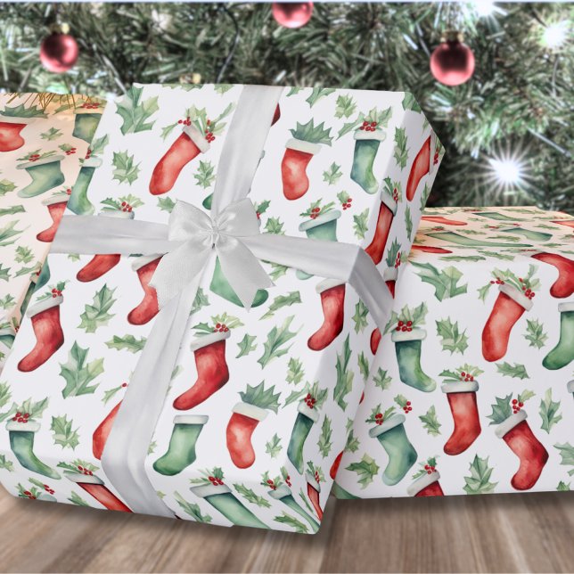 Festive Red Green Stockings Christmas Wrapping Paper (Traditional Festive Red Green Stockings Christmas Wrapping Paper)