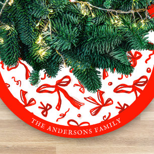 Festive Red Hand Drawn Bows and Ribbons Pattern Fleece Tree Skirt