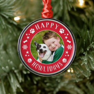 Festive Red Happy Howlidays Dog Photo Wreath Metal Tree Decoration
