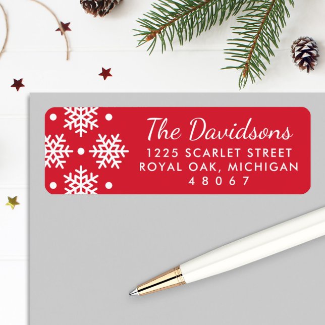 Festive Red Holiday Snowflakes Return Address (Creator Uploaded)