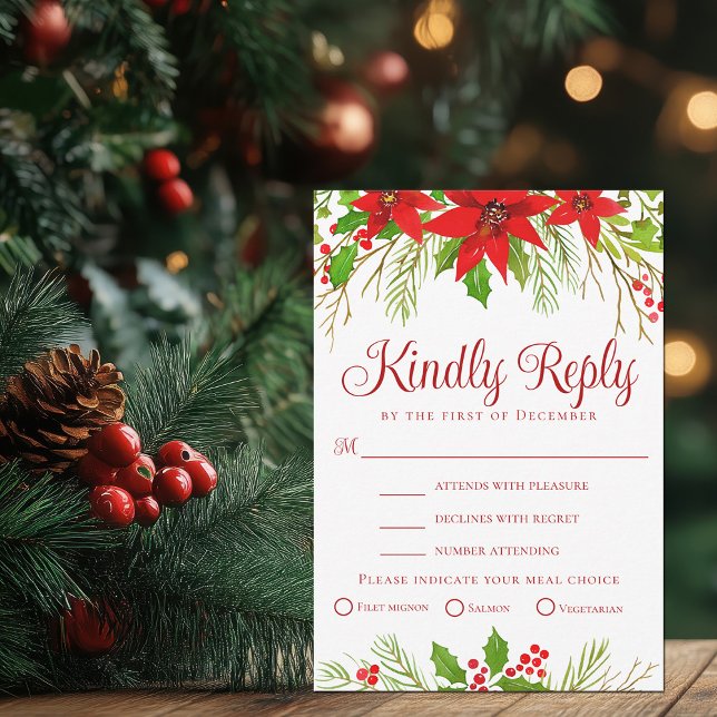 Festive Red Holiday Wedding Meal Choice RSVP Card (Creator Uploaded)