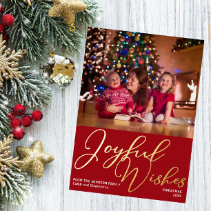 Festive Red Joyful Wishes Christmas Photo Gold