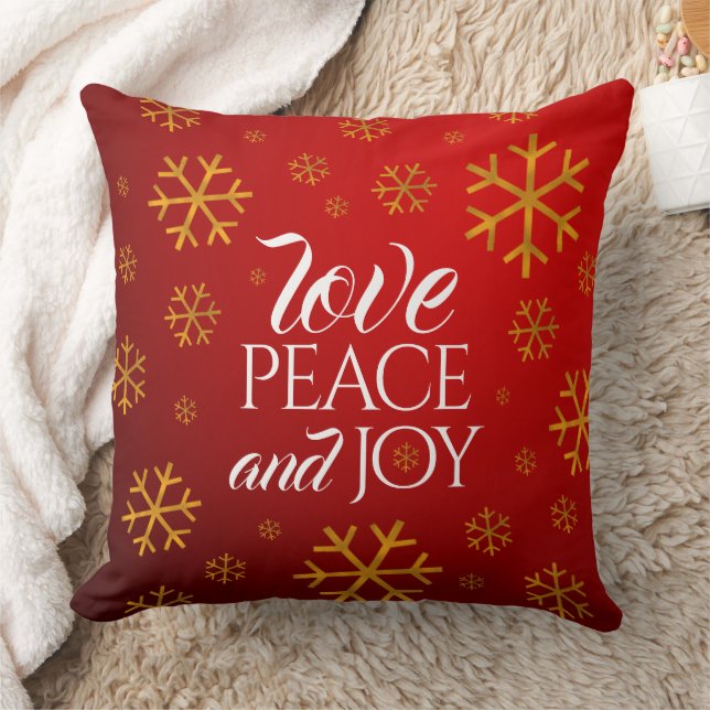 Festive Red Love, Peace, and Joy with Snowflakes Cushion (Blanket)