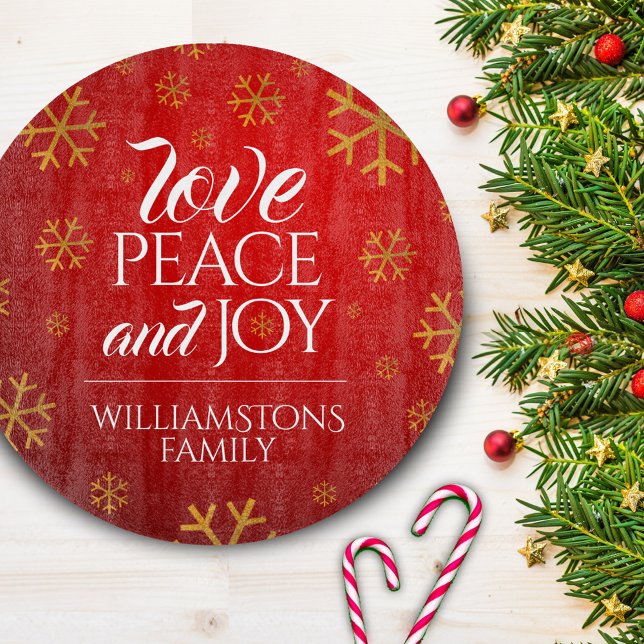 Festive Red Love, Peace, and Joy with Snowflakes Cutting Board (Creator Uploaded)