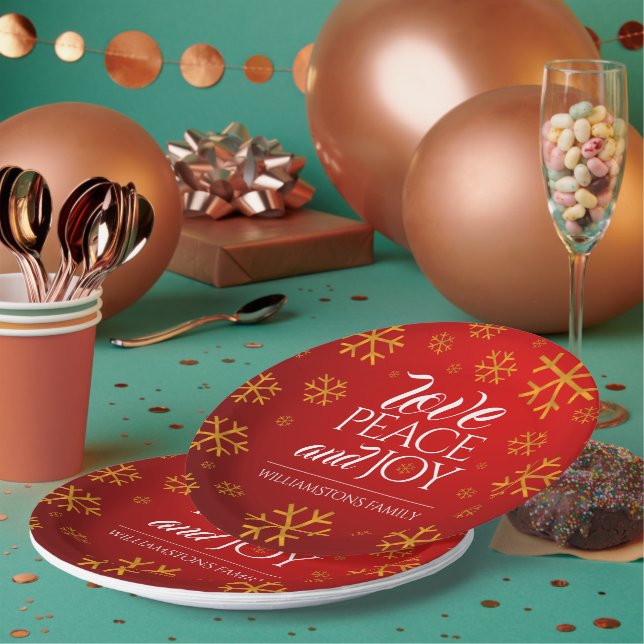 Festive Red Love, Peace, and Joy with Snowflakes Paper Plate (Multi)