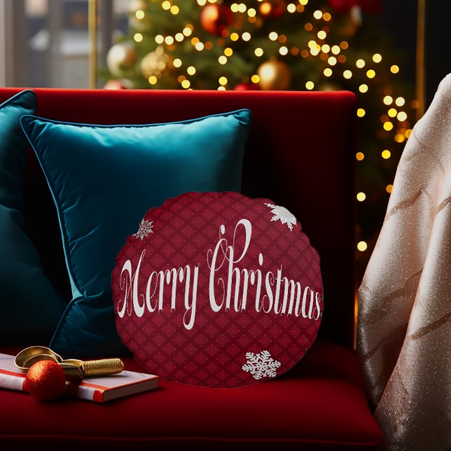 Festive Red Merry Christmas Embellished Decorative Round Cushion (Merry Christmas Round Embellished Script Holiday Decorative Pillow
)