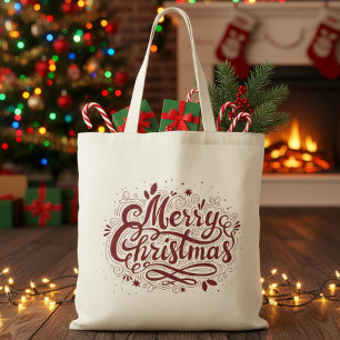 Festive Red Merry Christmas Holiday Tote Bag