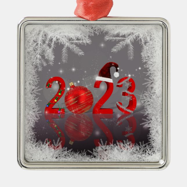 Festive Red Merry Christmas New Year 2023 Metal Tree Decoration (Front)