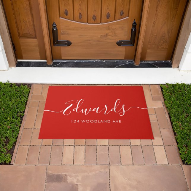 Festive Red Modern Script Personalised Doormat (Outdoor)
