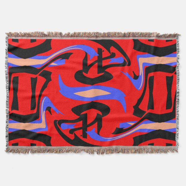 Festive Red Native Indian and Japanese Art Blend Throw Blanket (Front)