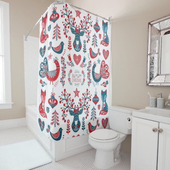Festive Red Navy Christmas Scandinavian Folk Art Shower Curtain (In Situ)