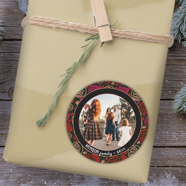 Festive Red One line art Christmas Family Photo Classic Round Sticker (Creator Uploaded)