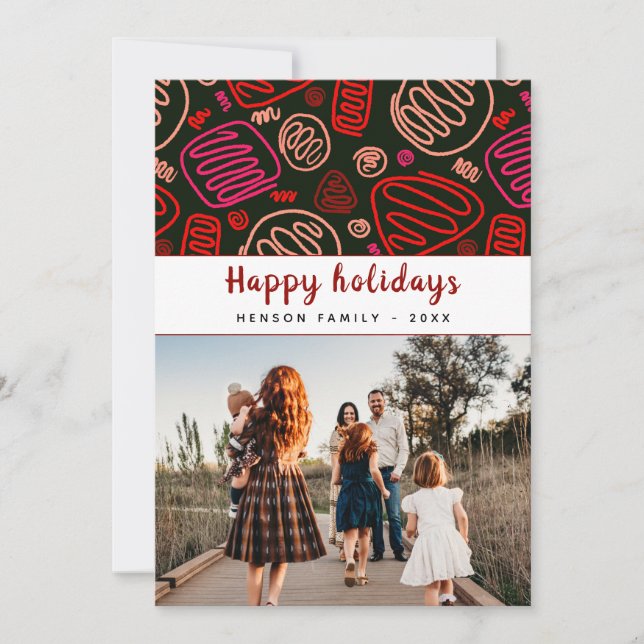 Festive Red One line art Christmas Family Photo Holiday Card (Front)