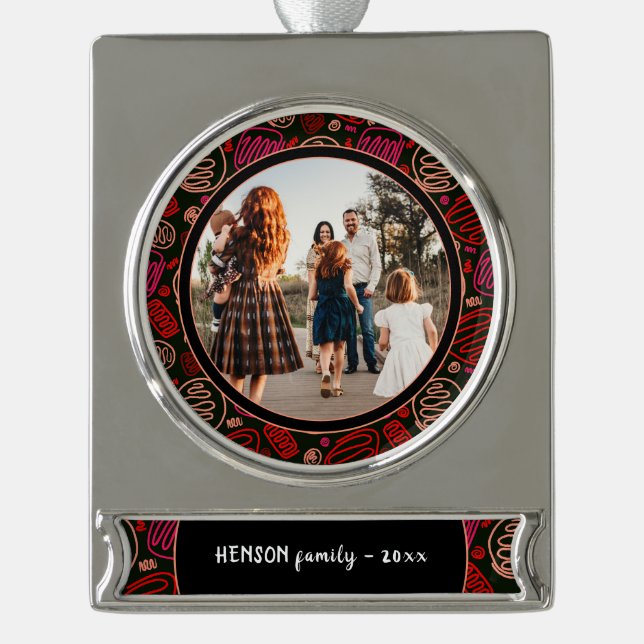 Festive Red One line art Christmas Family Photo Silver Plated Banner Ornament (Front)