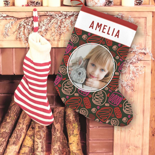 Festive Red One line art Pattern Photo Small Christmas Stocking (Creator Uploaded)