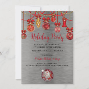 Festive Red Ornaments Holiday Party Invitation