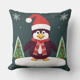 Festive Red Penguin in Santa Hat Cushion