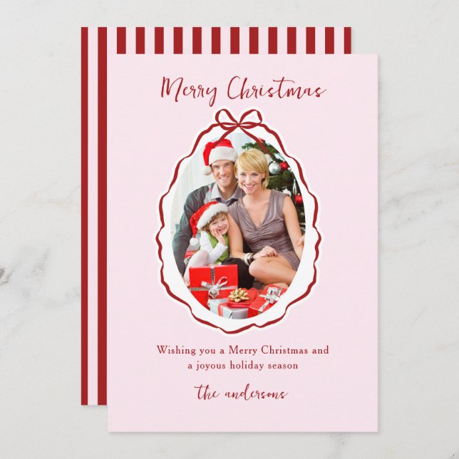Festive red pink Bow Frame Photo Christmas   Holiday Card (Front/Back)