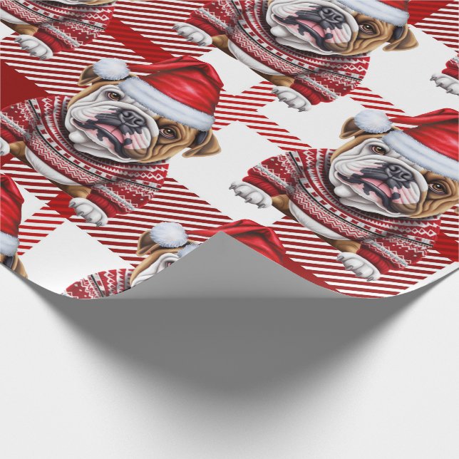 Festive Red Plaid and Bulldog Christmas Wrapping Paper (Corner)