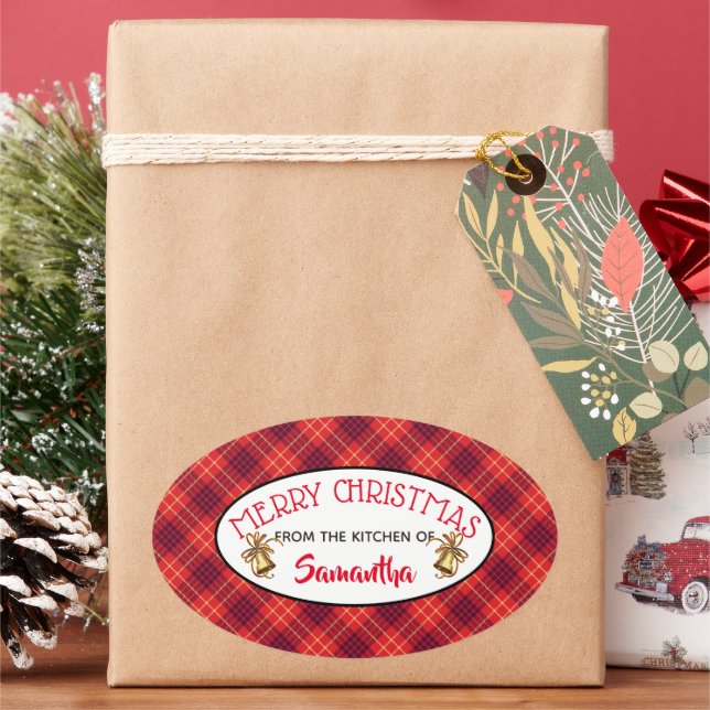 Festive Red Plaid & Bells Gift Label (Holiday)
