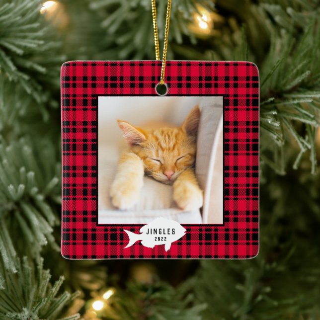 Festive Red Plaid Cat Name Christmas Ceramic Ornament (Tree)