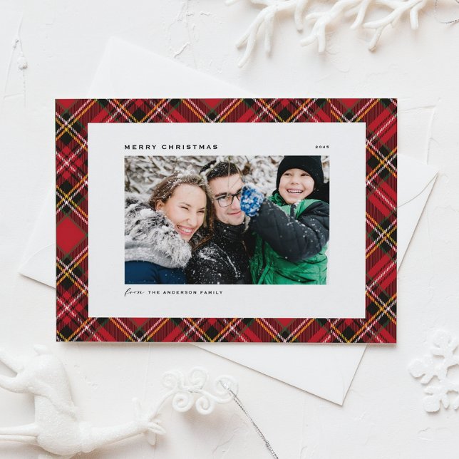 Festive Red Plaid Pattern Merry Christmas Photo Holiday Card (Festive Red Tartan Plaid Pattern Merry Christmas Photo Holiday Card)