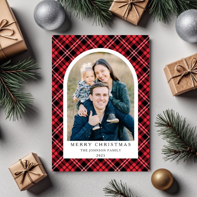 Festive Red Plaid Photo Christmas Holiday Card (Festive Red Plaid Photo Christmas Holiday Card)