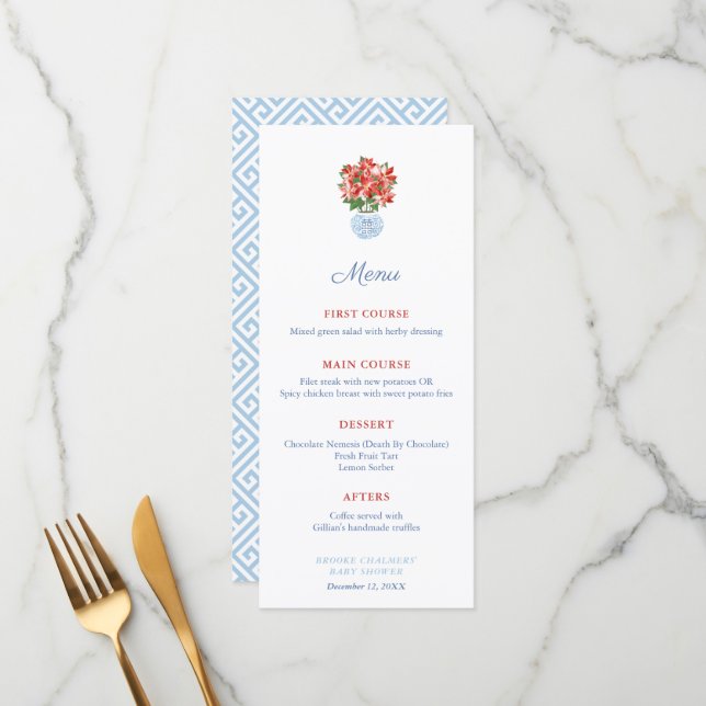 Festive Red Poinsettia Christmas Baby Shower Party Menu (Front/Back In Situ)