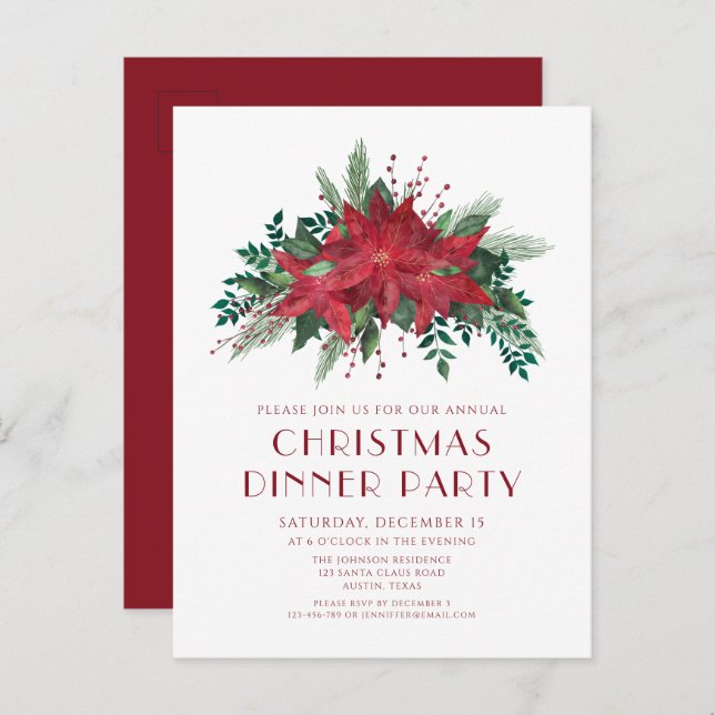 Festive Red Poinsettia Christmas Dinner Invitation Postcard (Front/Back)