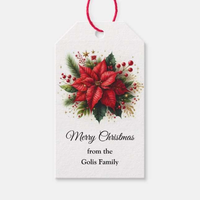 Festive Red Poinsettia Christmas Flower Gift Tag (Front)