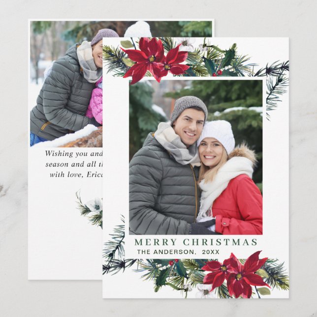 Festive Red Poinsettia Christmas Greeting 2 PHOTO Holiday Card (Front/Back)