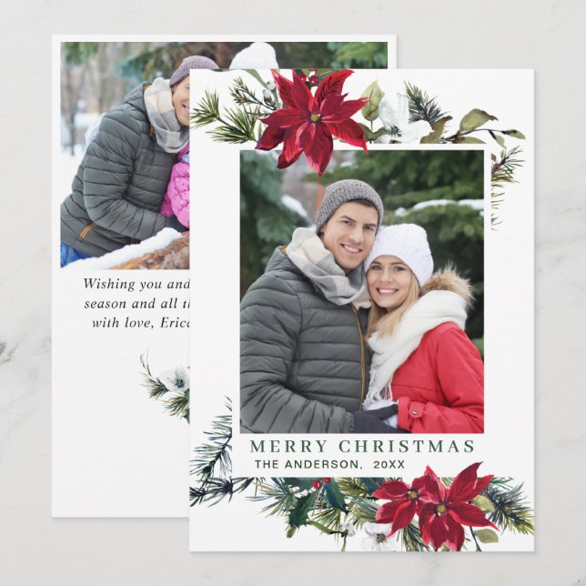 Festive Red Poinsettia Christmas Greeting 2 PHOTO Holiday Card (Front/Back)