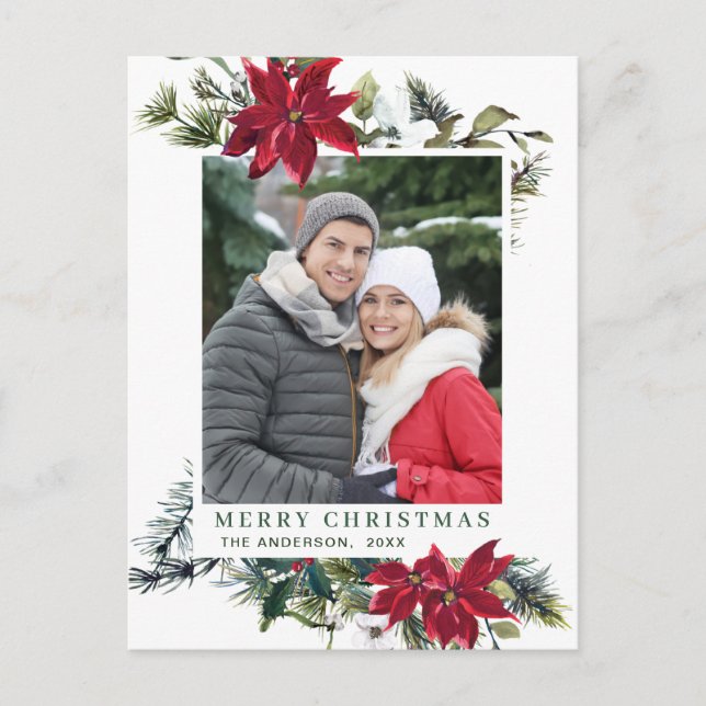 Festive Red Poinsettia Christmas Greeting Holiday Postcard (Front)