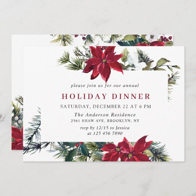Festive Red Poinsettia Christmas HOLIDAY DINNER Invitation (Front/Back)