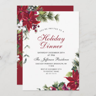 Festive Red Poinsettia Christmas Holiday Dinner Invitation
