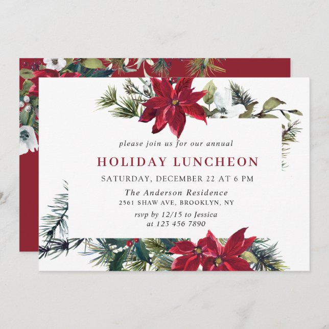 Festive Red Poinsettia Christmas HOLIDAY LUNCHEON Invitation (Front/Back)