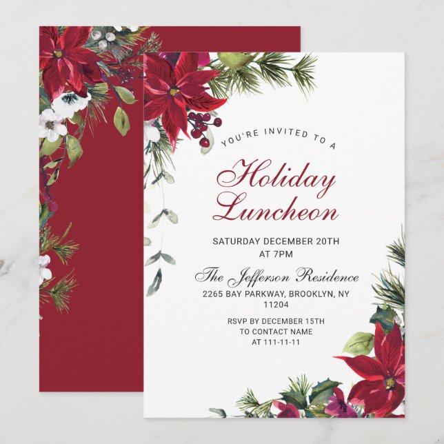 Festive Red Poinsettia Christmas Holiday Luncheon Invitation (Front/Back)