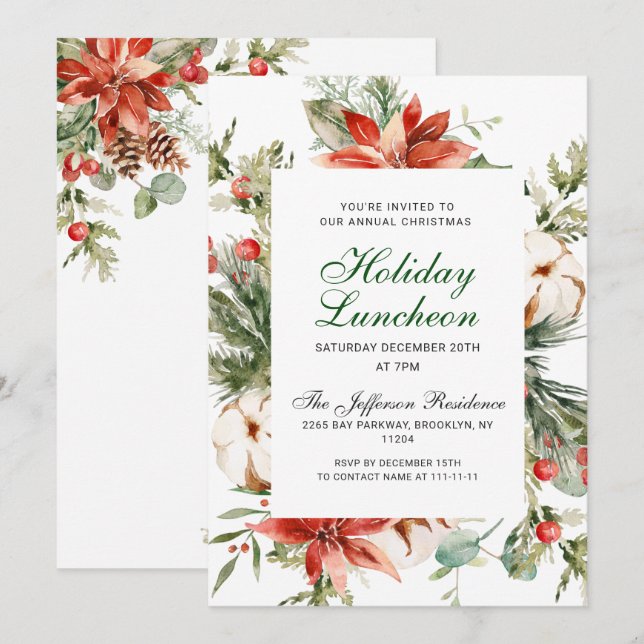 Festive Red Poinsettia Christmas Holiday Luncheon Invitation (Front/Back)