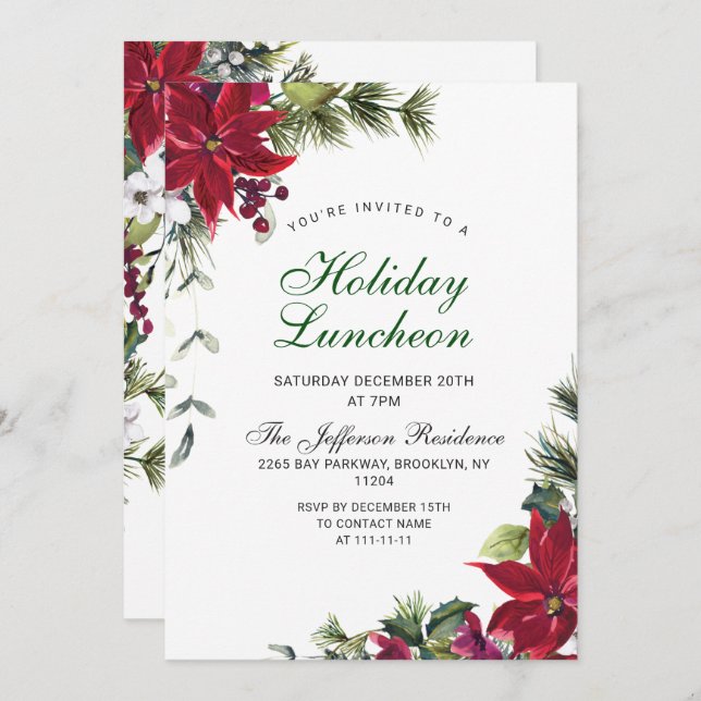 Festive Red Poinsettia Christmas Holiday Luncheon Invitation (Front/Back)