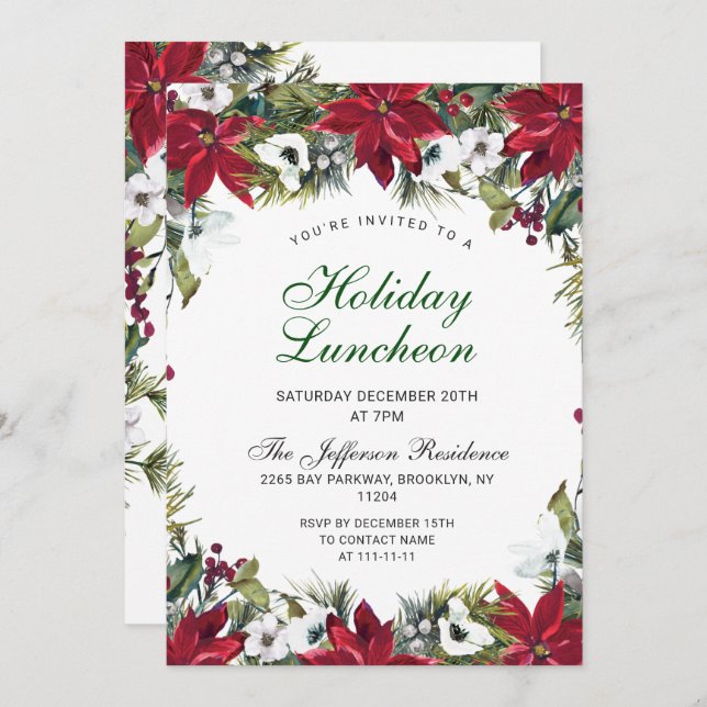 Festive Red Poinsettia Christmas Holiday Luncheon Invitation (Front/Back)