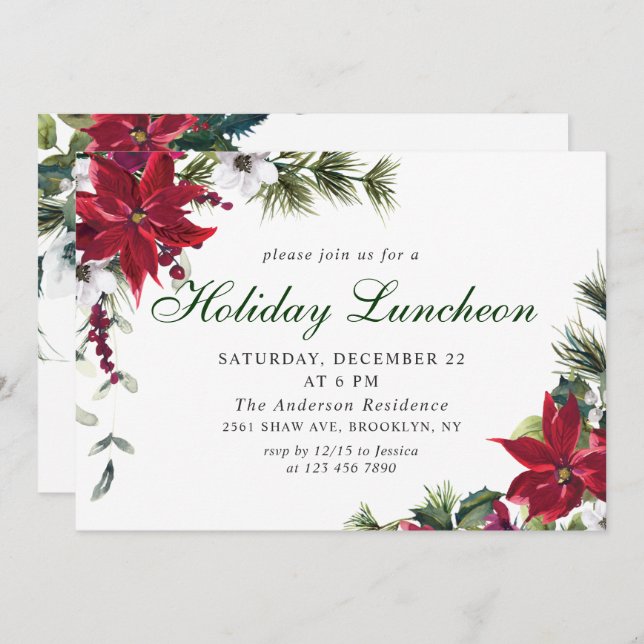 Festive Red Poinsettia Christmas Holiday Luncheon Invitation (Front/Back)