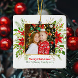 Festive Red Poinsettia Christmas Kids Photo Ceramic Ornament<br><div class="desc">A beautiful red poinsettia floral with holly leaf and gold square surrounds your cute family photo above Merry Christmas. Bright and cheerful kids photograph holiday ornament gift with pretty flowers and leaves around your square picture.</div>