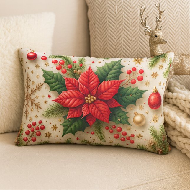 Festive Red Poinsettia Christmas  Lumbar Cushion (Creator Uploaded)