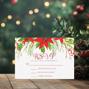 Festive Red Poinsettia Christmas Wedding RSVP Card